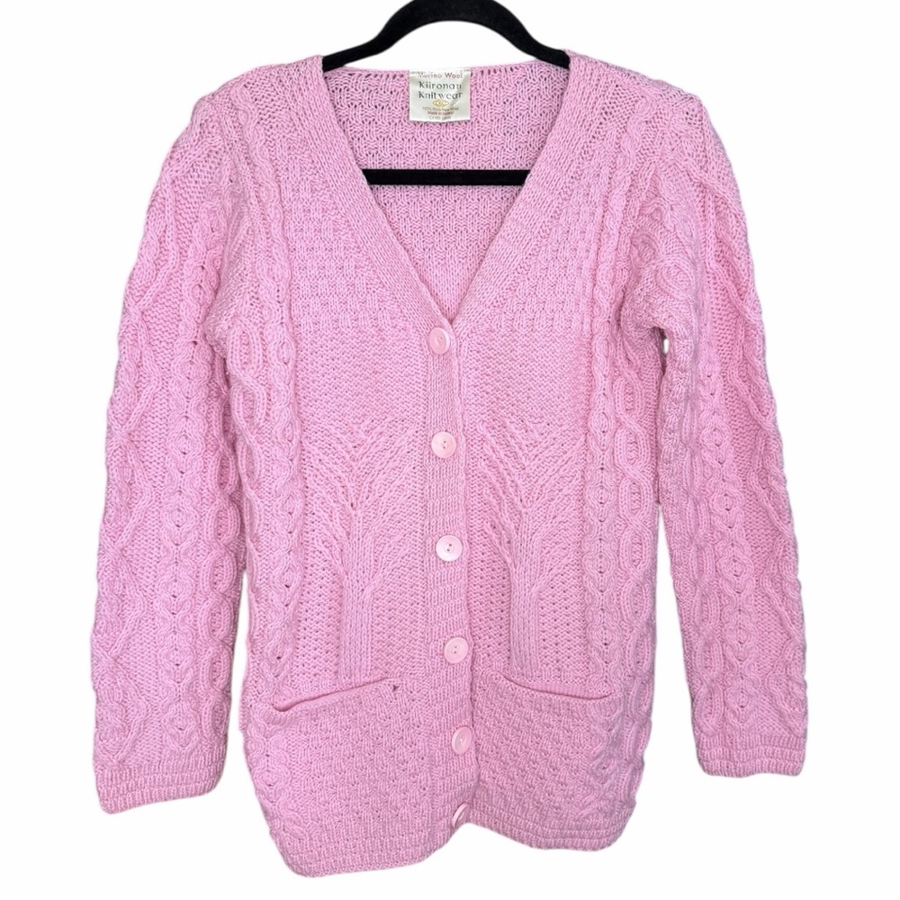 Kilronan Knitwear 100% Merino Wool Pink heavy knit buttoned cardigan‎ sweater S
